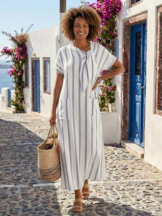 Elaris | Vestido midi de rayas con manga corta, cuello con lazo y bolsillos