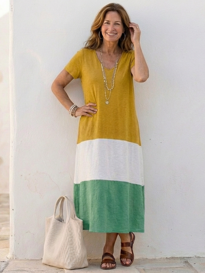 Thalia | Vestido midi de manga corta con bloques de color y escote en V