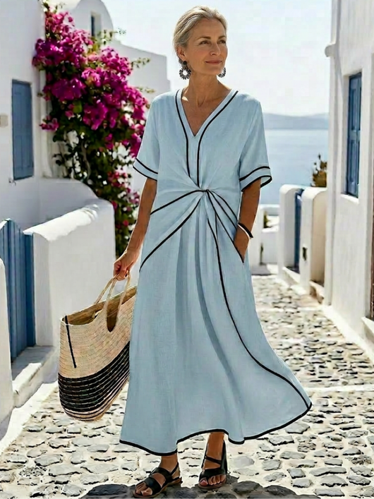 Carboneras | Vestido midi de cuello en V con mangas cortas y cintura fruncida
