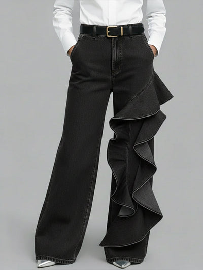 PANTALÓN VAQUERO WIDE LEG CON VOLANTE ASIMÉTRICO